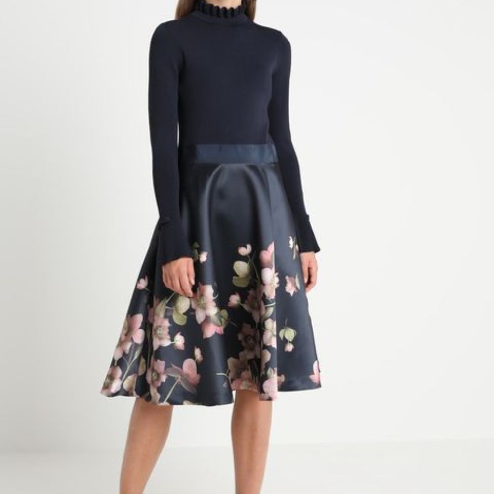 EUC Ted Baker Seema Arboretum Frill Cuff Full Skirt Flare Midi Dress 012345